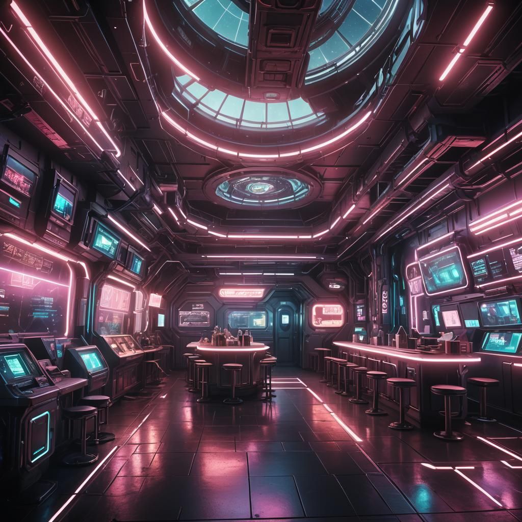 Cyberpunk Space Station Cafe in Deep Space