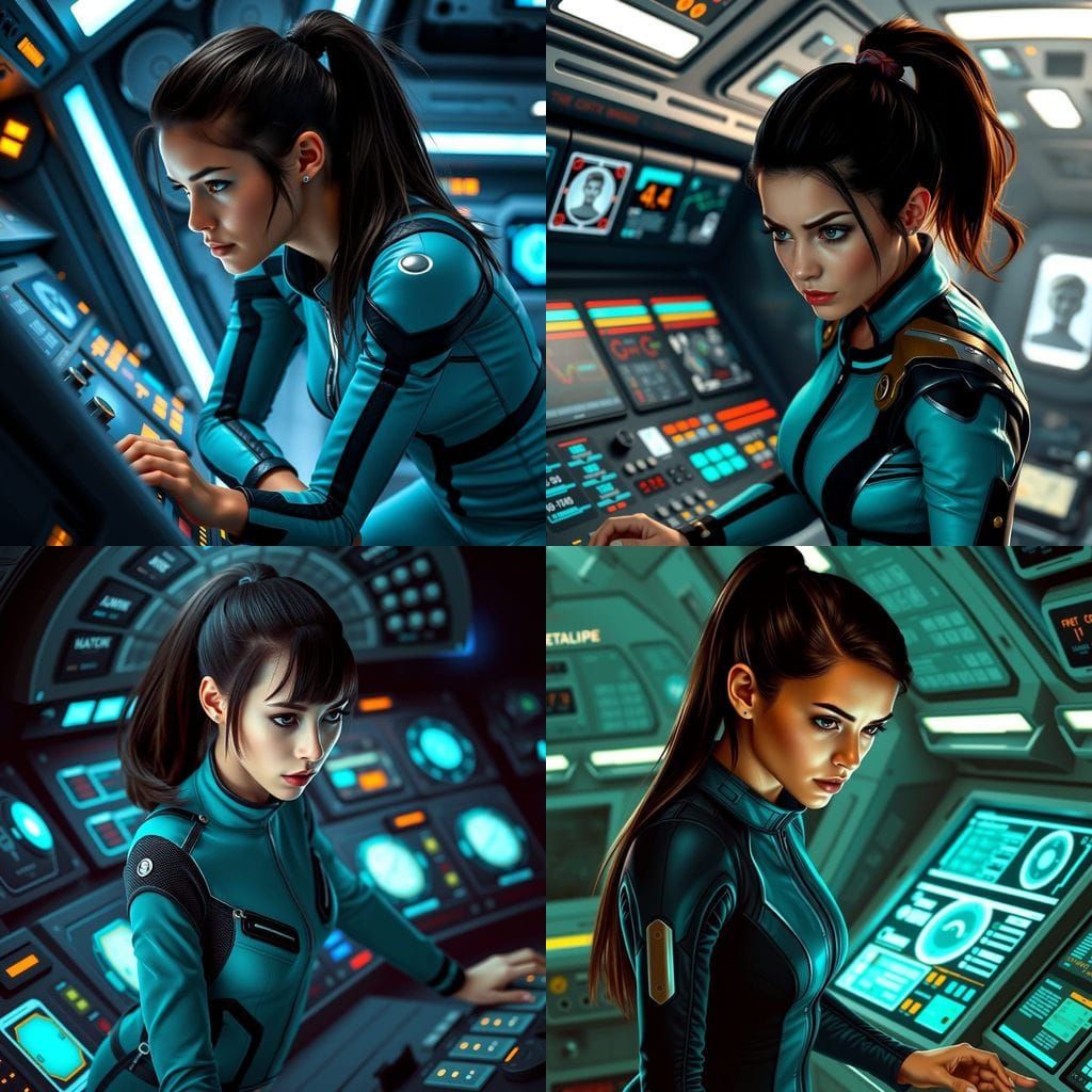 Young Woman in Turquoise Sci-Fi Uniform Leans Forward in Sta...