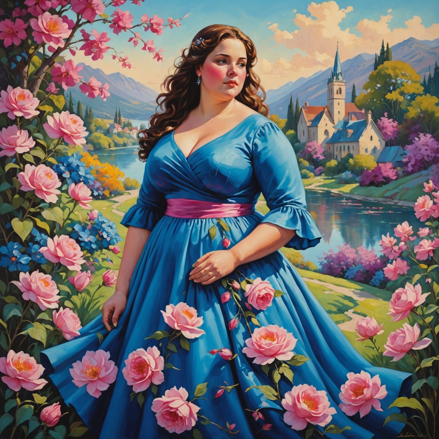 Serene Plus-Sized Beauty in Blue Dress Amidst Pink Flowers