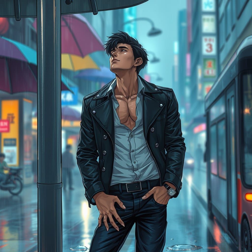 Ethereal Tokyo Nightscape with Handsome Stranger