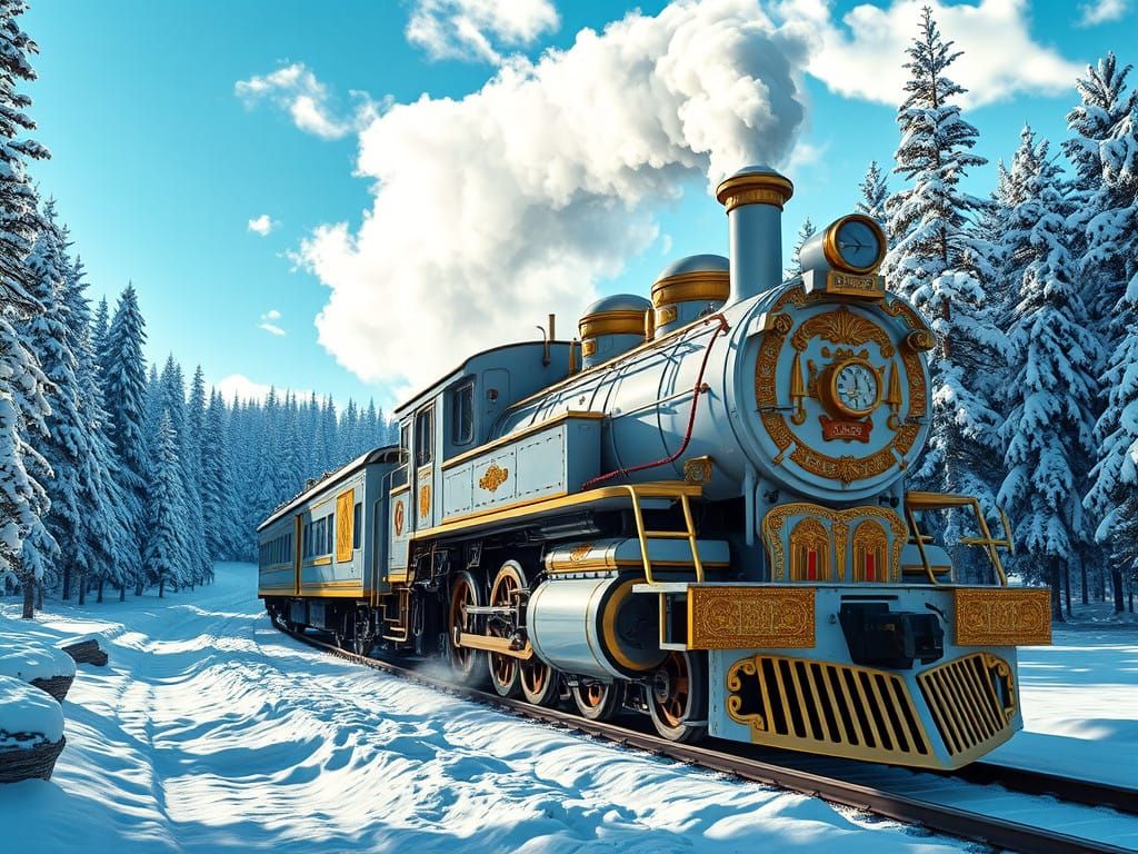 Vintage Art Deco Steam Locomotive Chugs Through Snowy Winter...