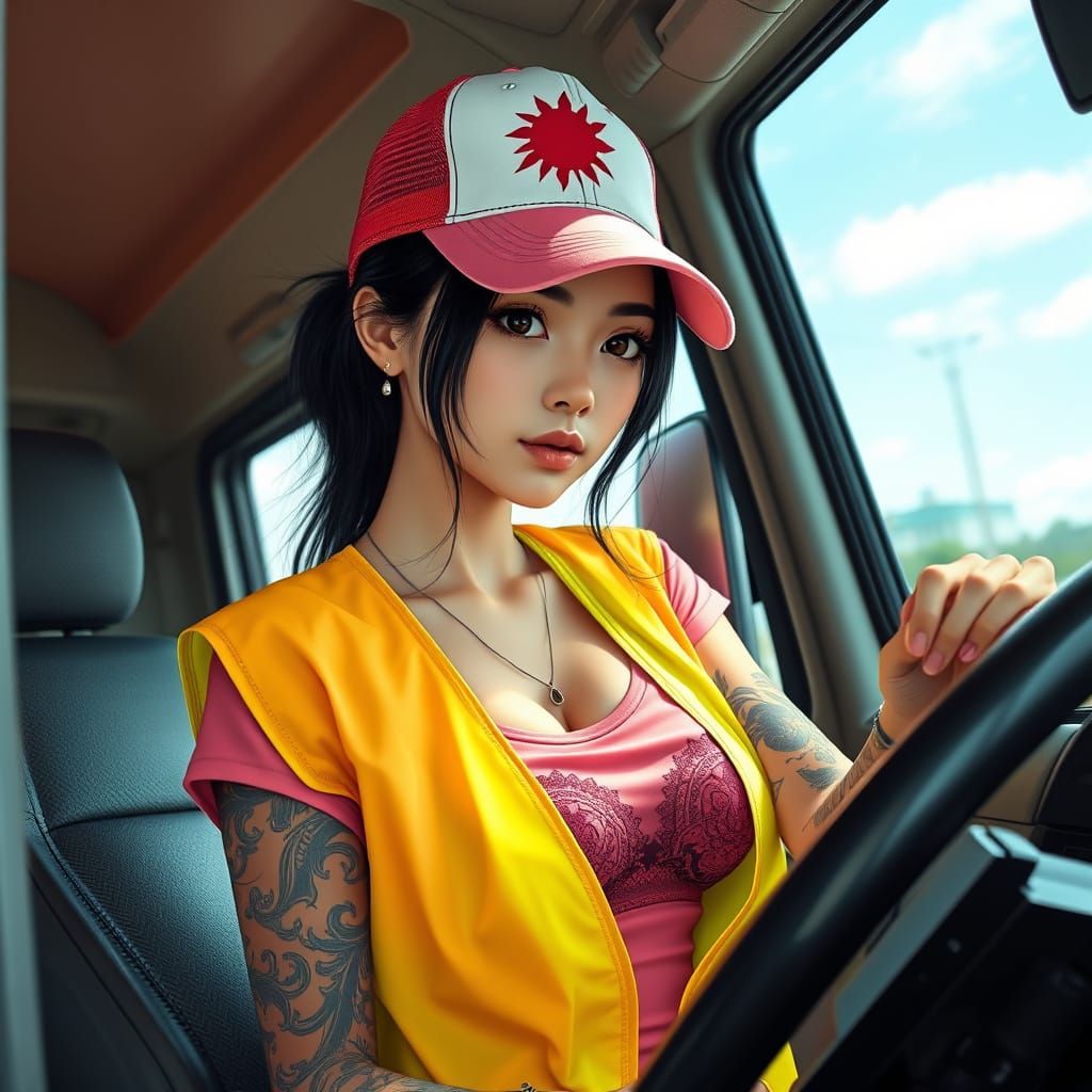 Japanese Woman Truck Driver in Photorealistic Style