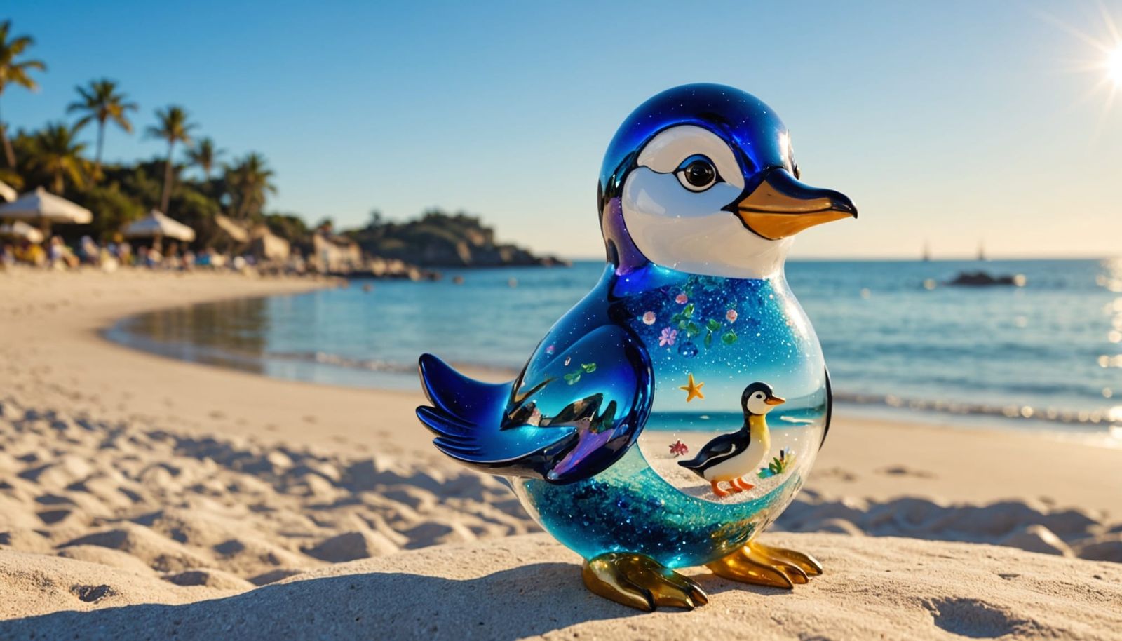 Whimsical Beach Scene with Glass Penguin and Iridescent Glit...