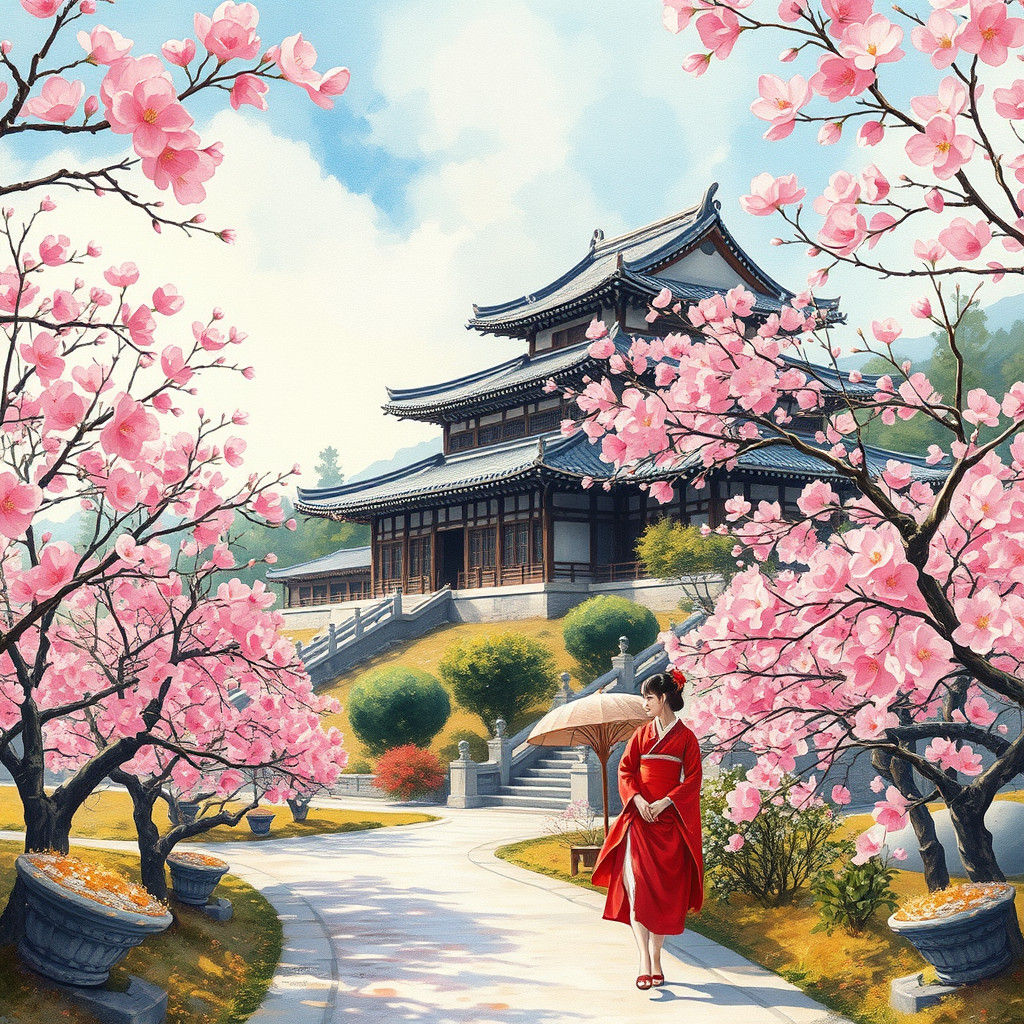 Korean Palace and Lady Amongst Cherry Blossoms