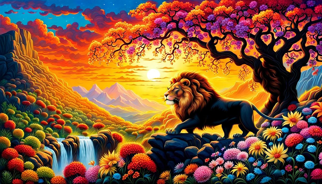 Lion and Tree of Life: Maximalist Digital Painting