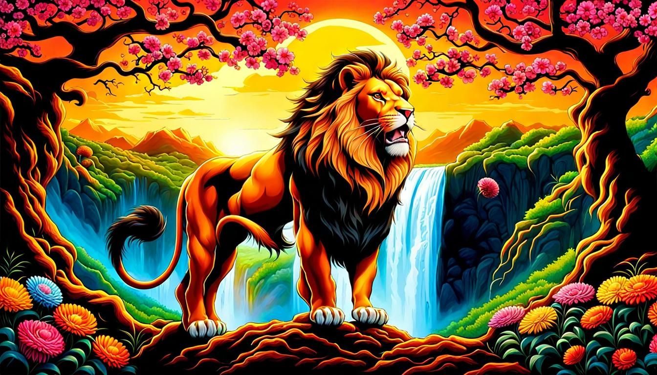 Roaring Lion with Tree of Life in Maximalist Style
