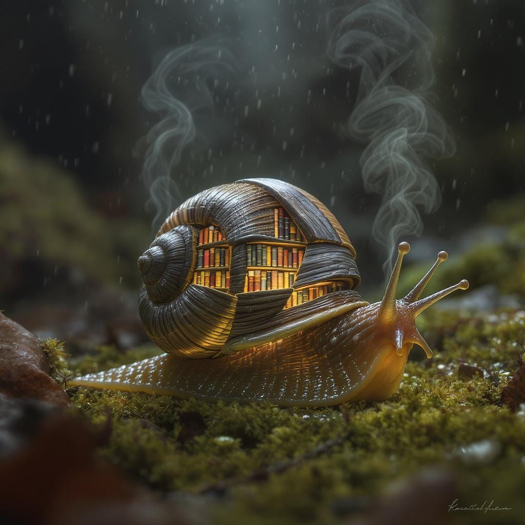 Miniature Library Snail in Hyper-Realistic Style