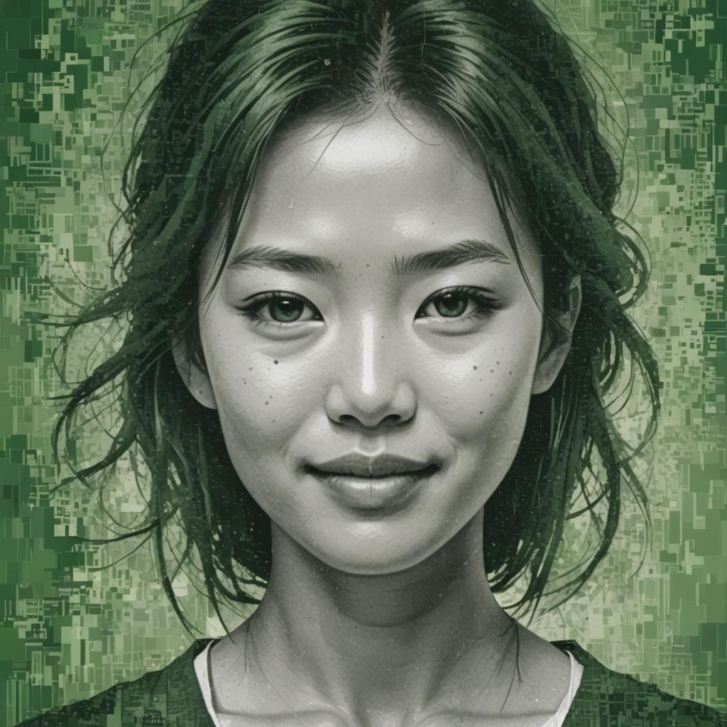 Asian Woman Portrait in Pixelated Green Bitmap