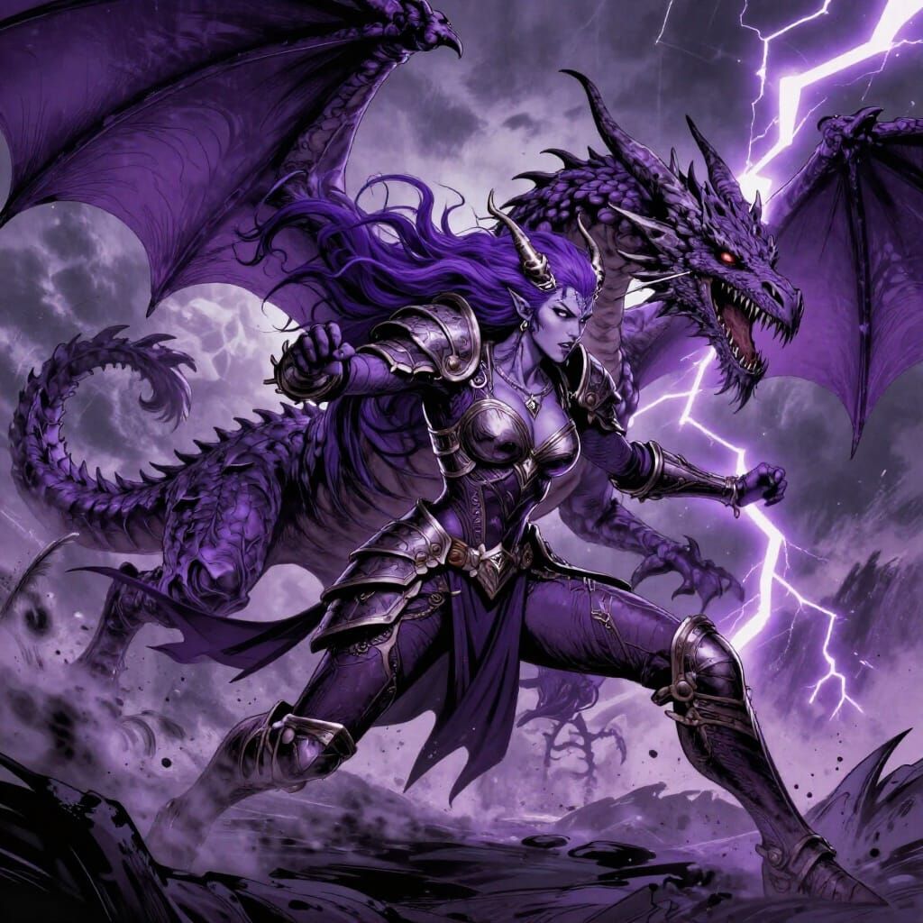 Tiefling Warrior Battles Colossal Dragon in Dark Fantasy Art