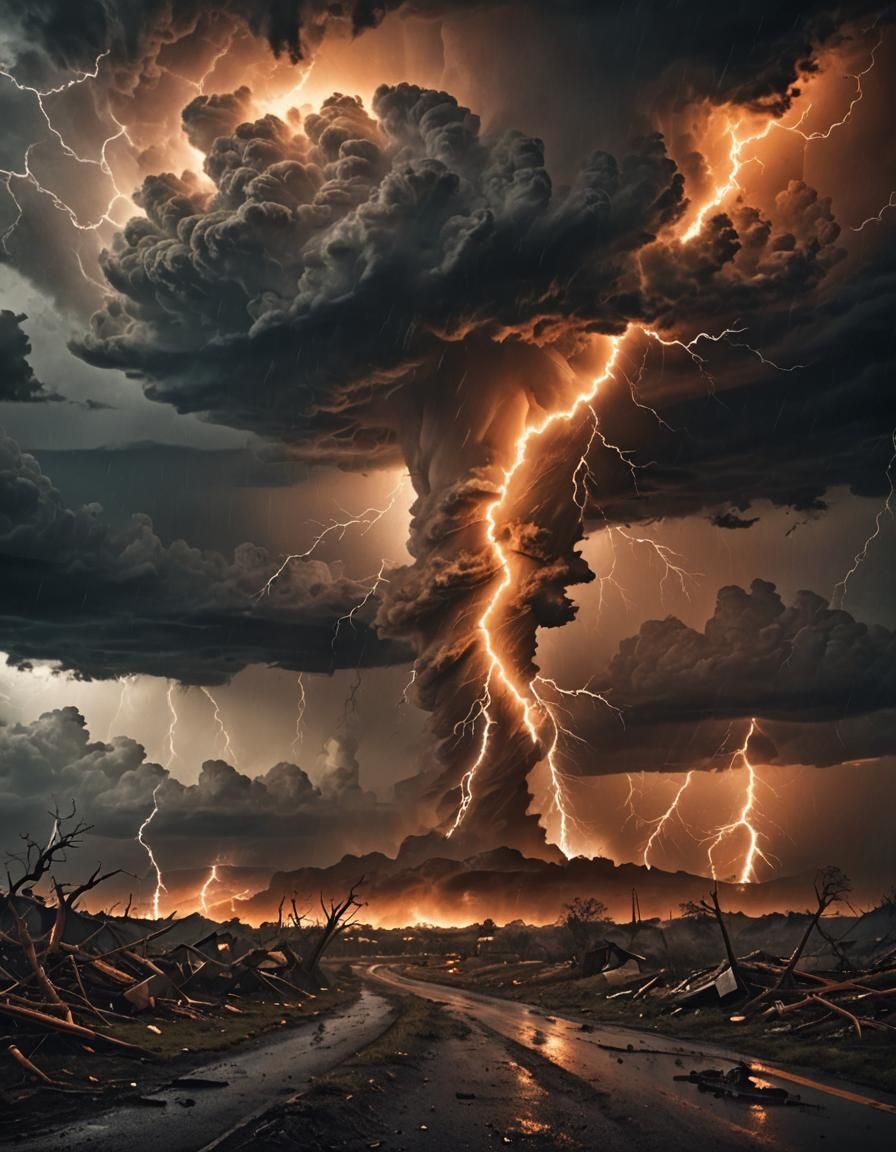 Apocalyptic Orange Lightning Tornado Wreaks Havoc