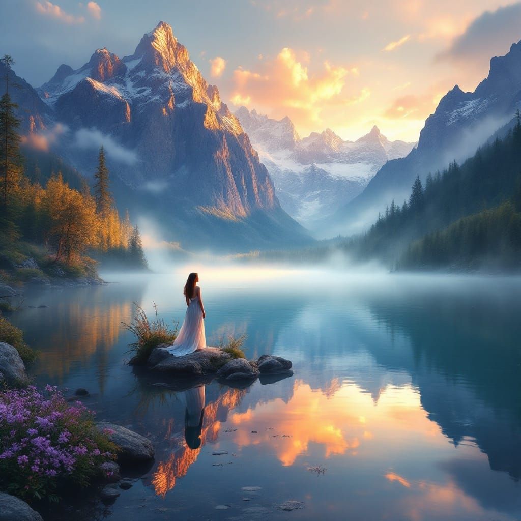 Misty Lake Sunrise Reflecting Majestic Mountains