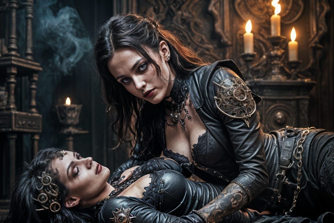 Gothic Witch Kneeling Over Shirtless Man