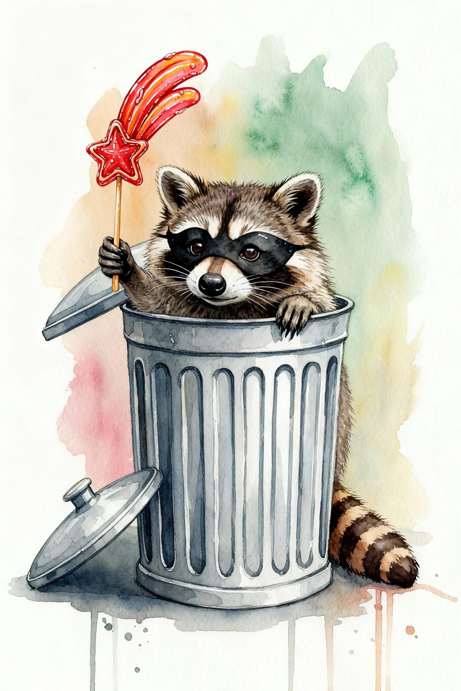 Watercolor Raccoon Enjoys Shooting Star Lollipop