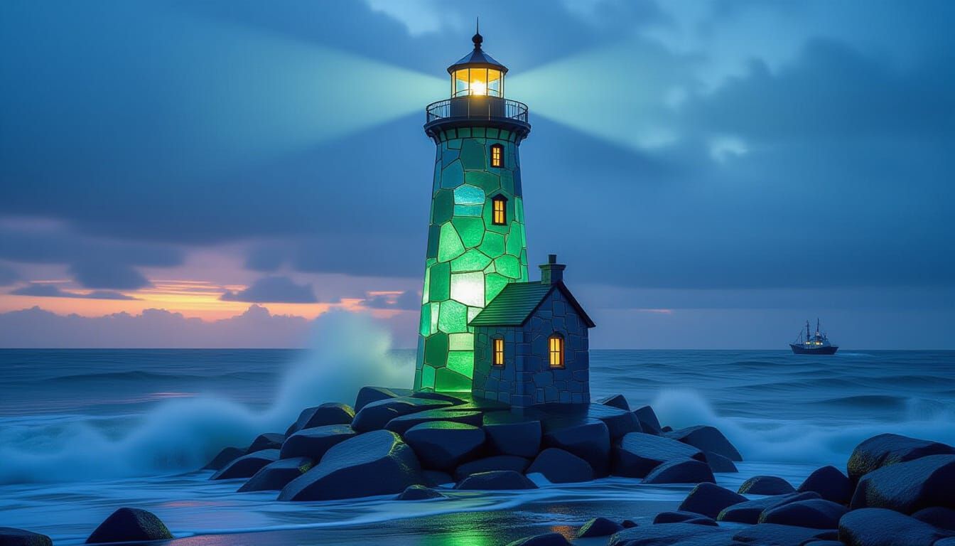 Sea Glass Lighthouse Beacon Against Stormy Dusk