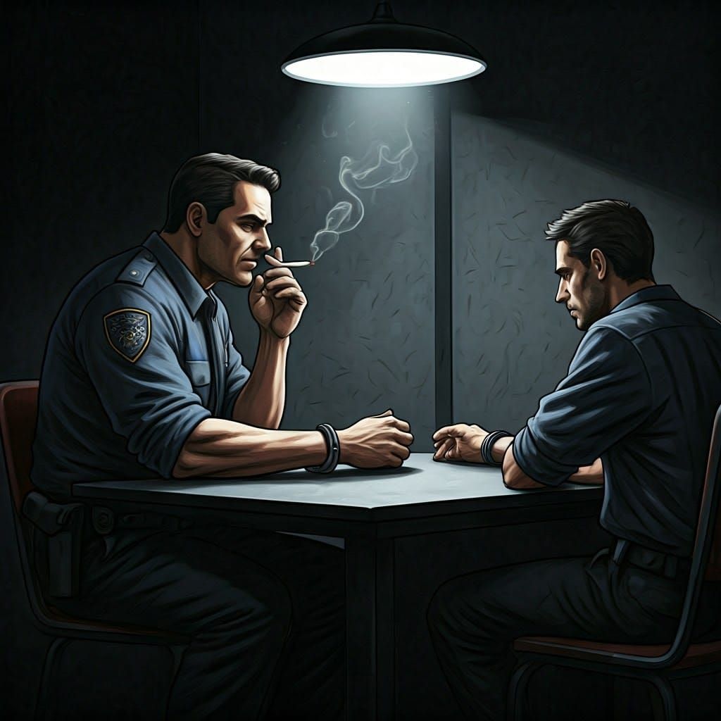 Interrogation Room Scene in Ink and Charcoal Style