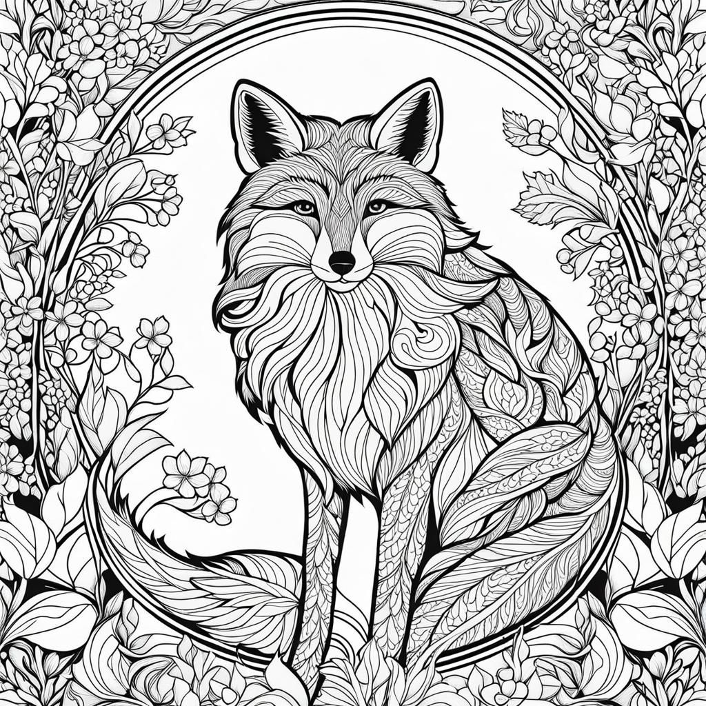 Floral Fox Coloring Book Page in Black Ink