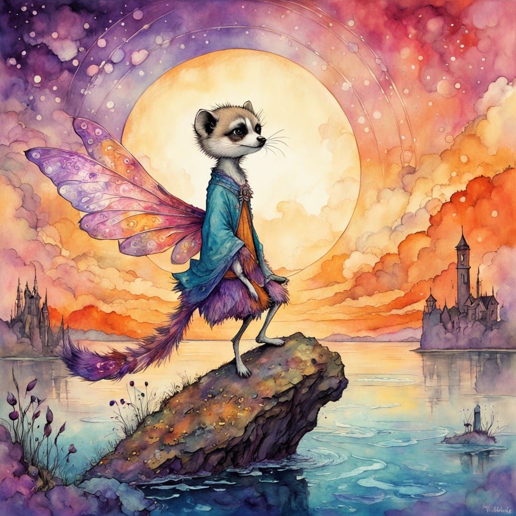 Fairy Riding a Meercat in Storybook Watercolor Style