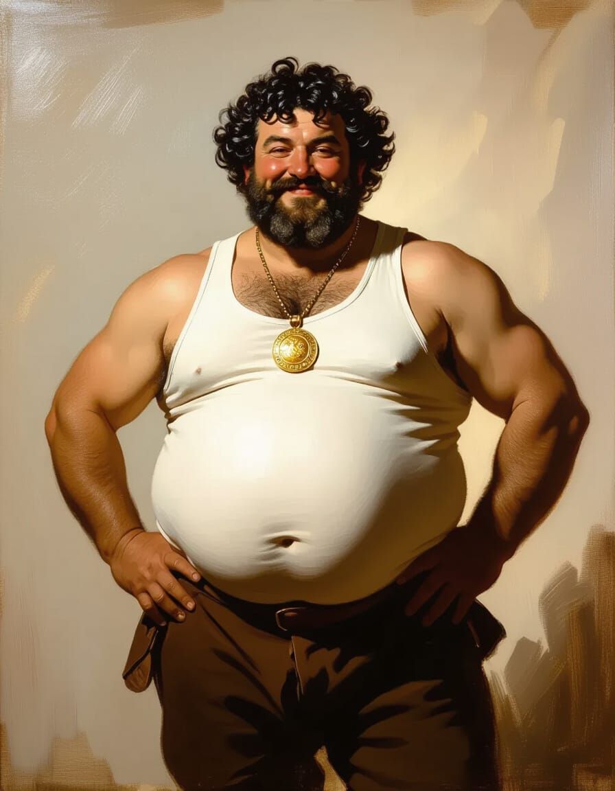 Jovial Man in Tank Top and Medallion, Oil Painting Style