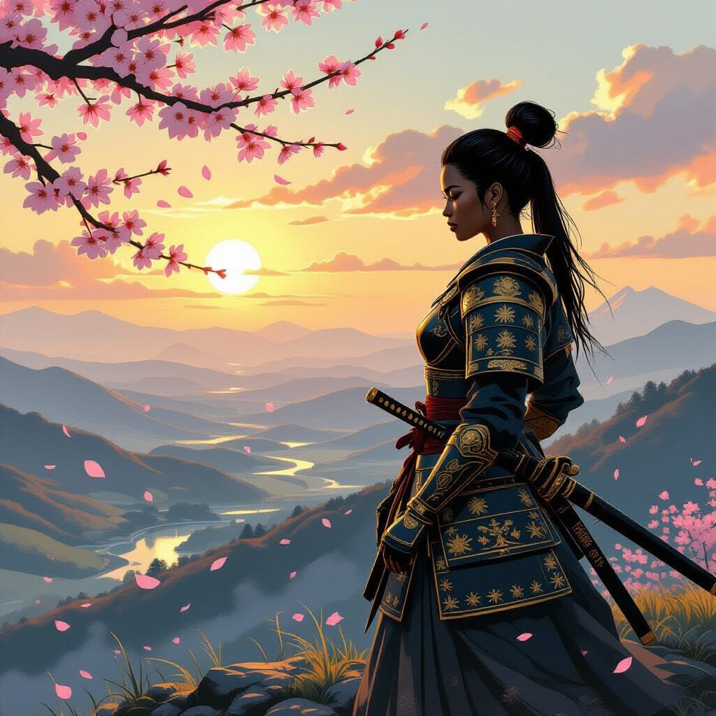 Samurai Woman on Cliff in Japanese Landscape