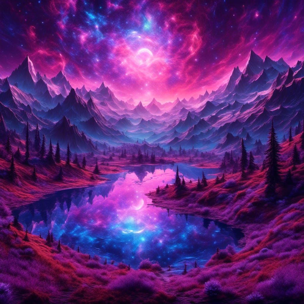 Purple and blue lake 8k resolution holographic astral cosmic illustration mixed media by Pablo Amaringo <lora:Dazzled:1....