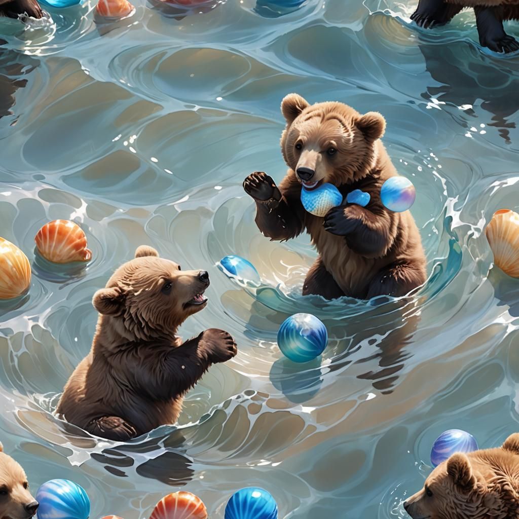 Brown Bear Cubs Play in Seashell: 3D Anime Art