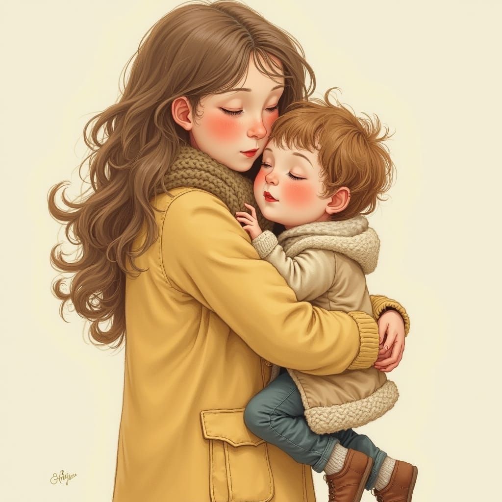 Heartwarming Mother and Child Embrace in Whimsical Style