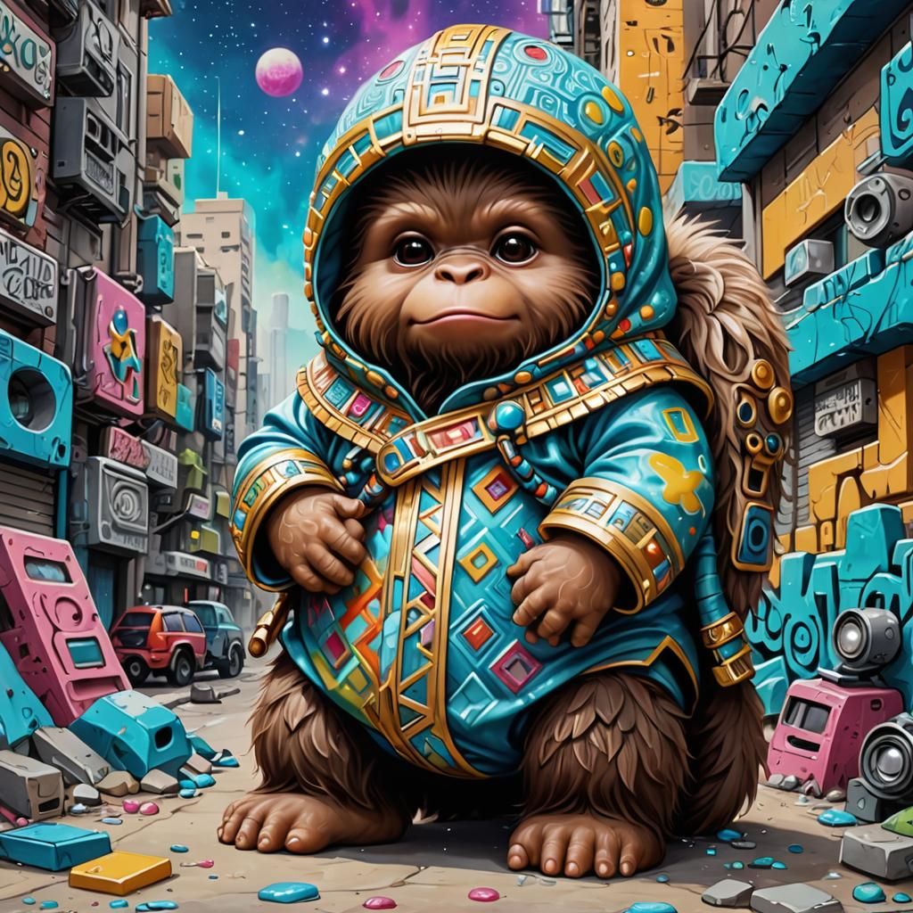 Kawaii Retrofuturistic Chibi Bigfoot in Urban Graffiti