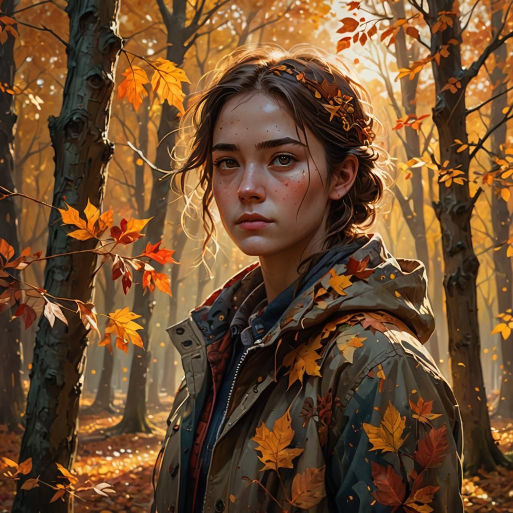 Emotional Portrait in Autumnal Forest: Hyperrealistic Concep...