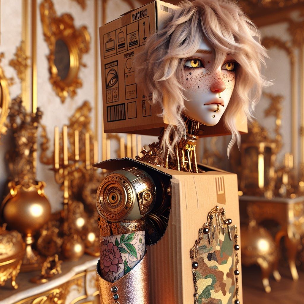 Gothic Cardboard Robot in Rococo Bedroom, Photorealistic