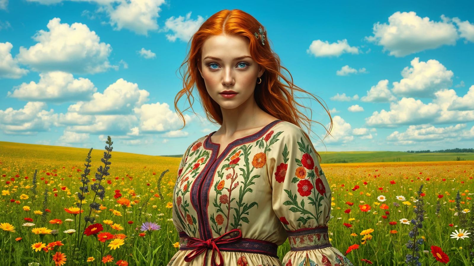 Celtic Woman in Flower Field: Full Body Shot