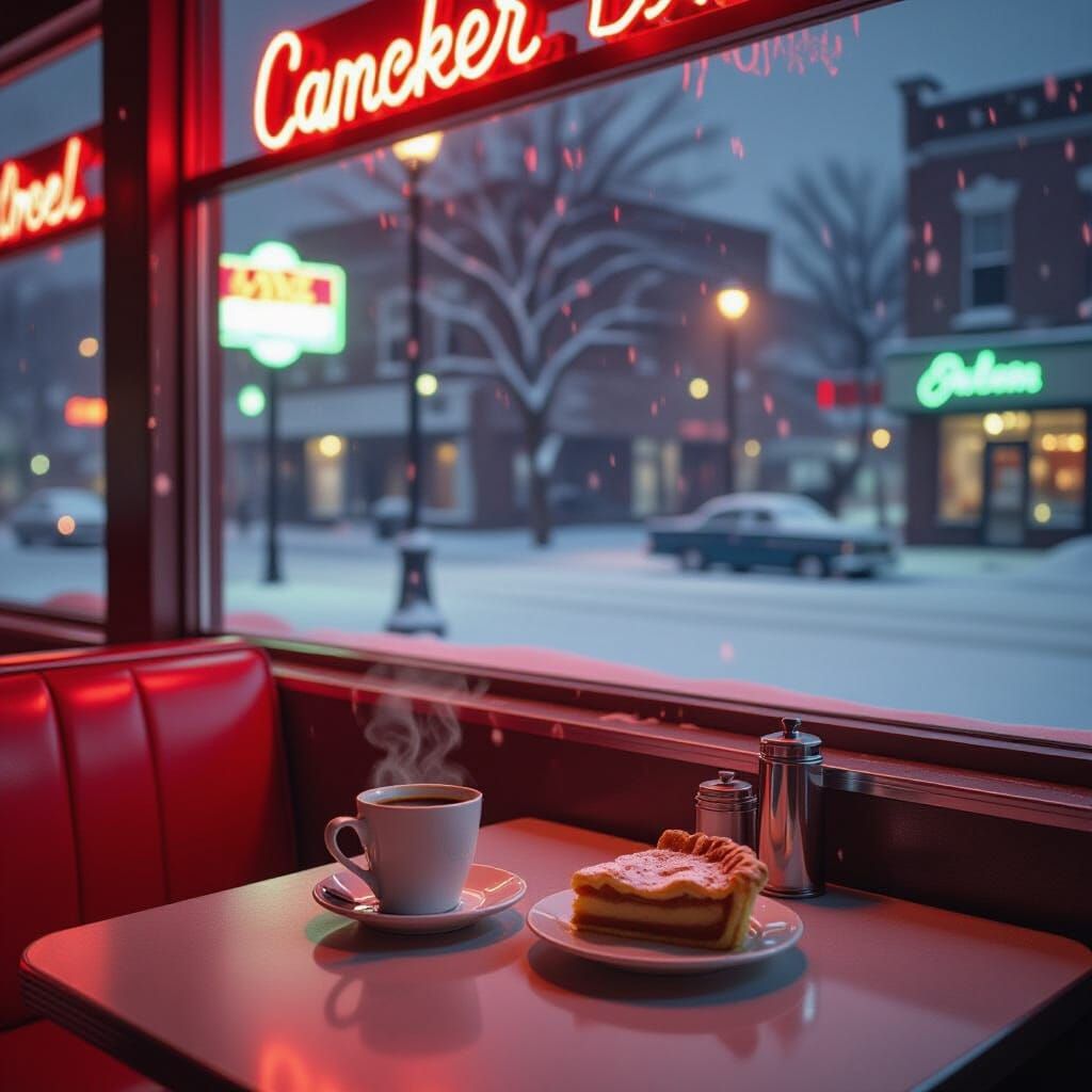 Cozy Diner Scene Amidst a Winter Blizzard
