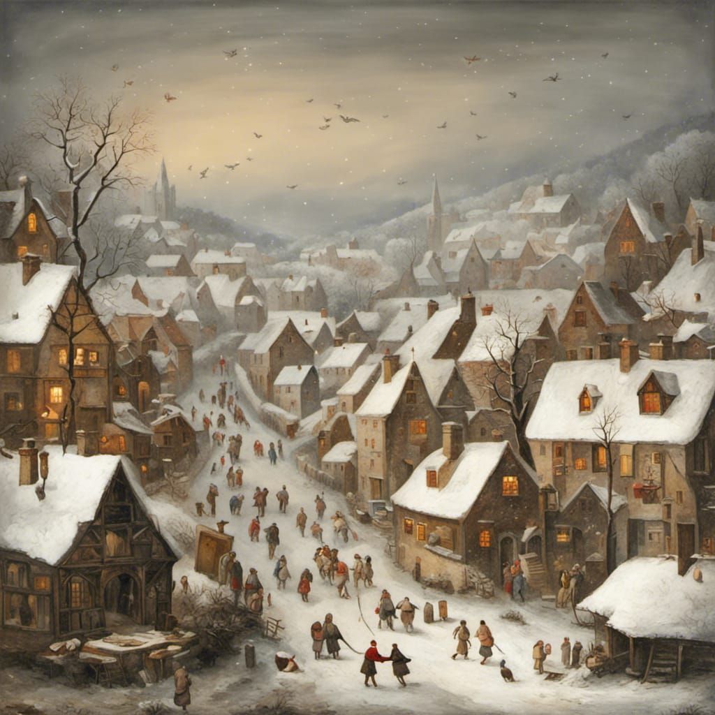 Snowy winter village of Brueghel