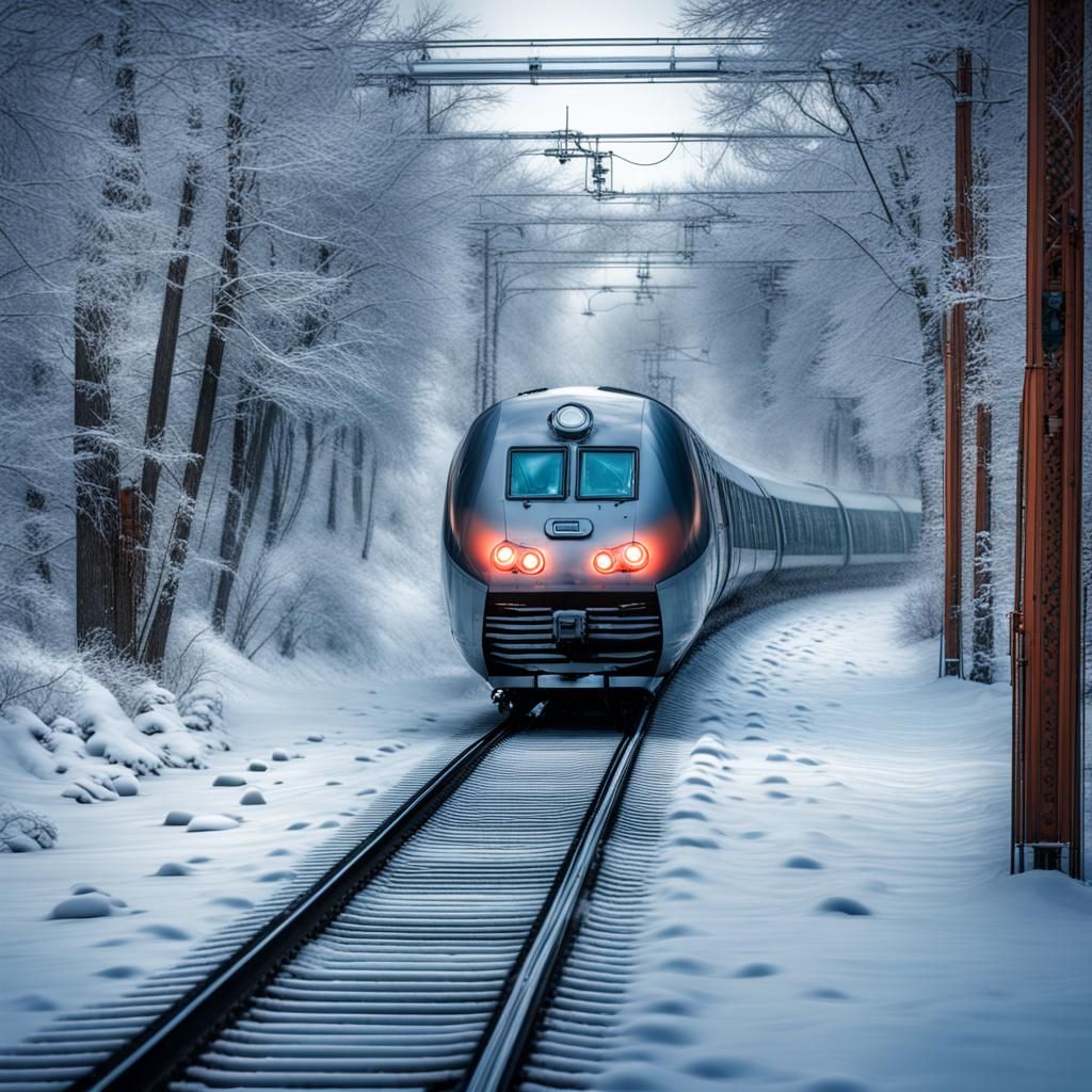 Retrofuturistic Train in Winter, Hyperrealistic Science Fict...