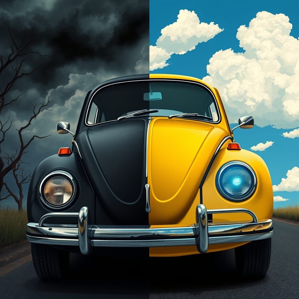 Split Personality VW Beetle in Moody Noir and Vibrant Pop Ar...