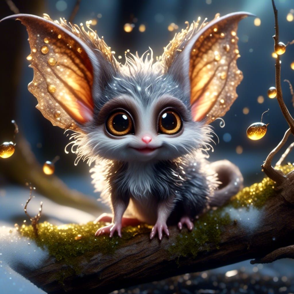 Cute Silver Gremlin in Snowy Forest, Fantasy Art