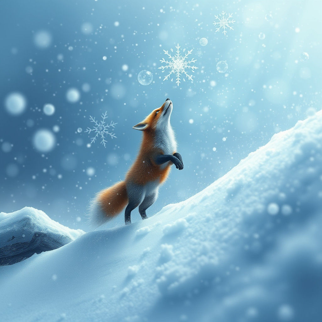 Fox Catching Snowflake in Winter Snowstorm