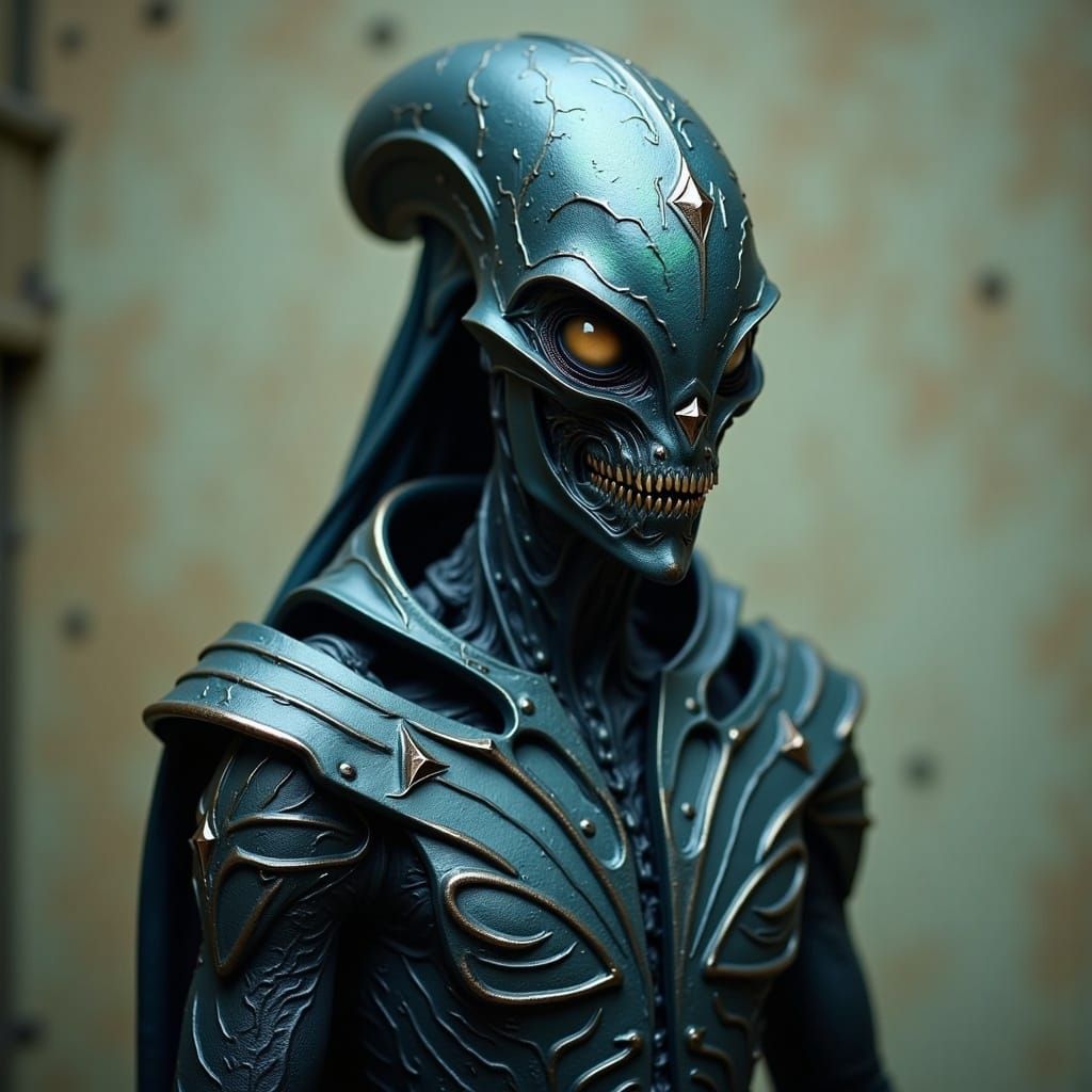 Alien Figure with Bio-Organic Shield in Biomechanical Style