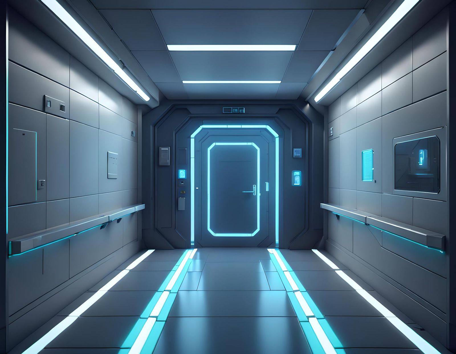 Minimalist High-Tech Airlock Door with Blue Neon