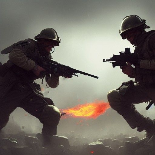 Army Soldiers in Intense Firefight: Dark Fantasy Art