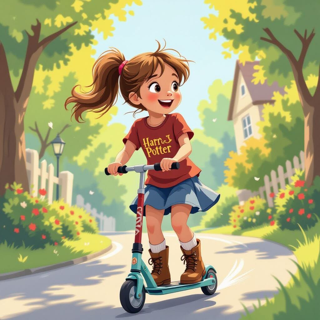 Young Girl Flies Scooter In Whimsical Children's Book Style