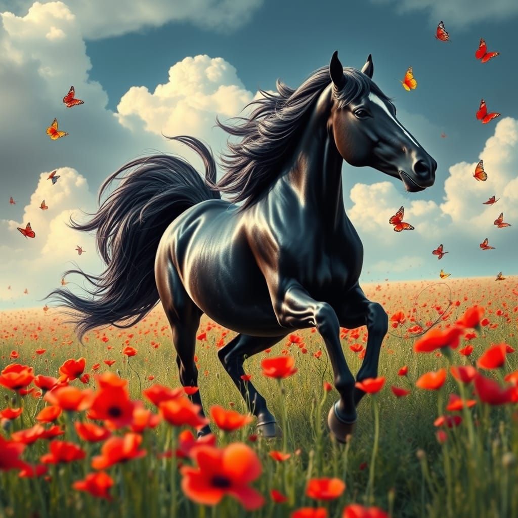 Friesian Horse Galloping Through Poppies: Cosmic Illustratio...