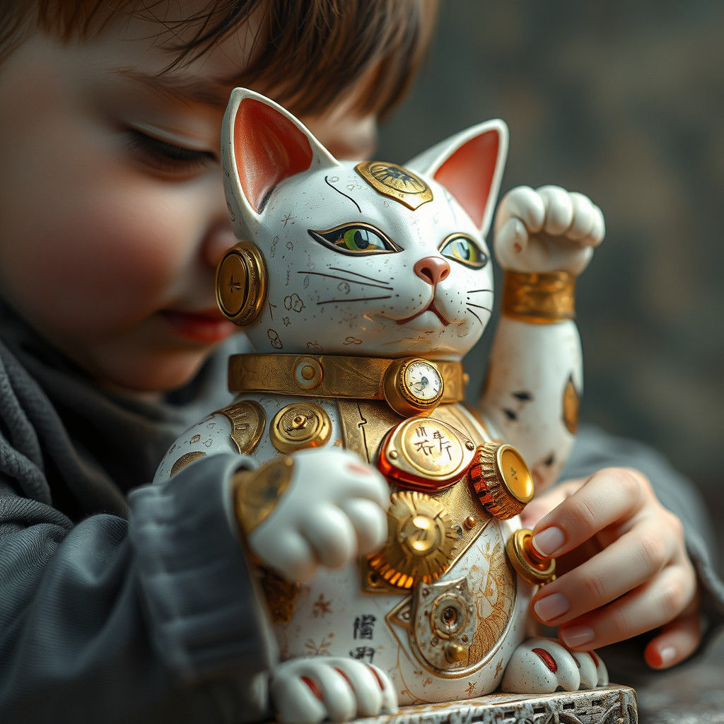 "Child playing with a steampunk Maneki-neko Cats" (1)