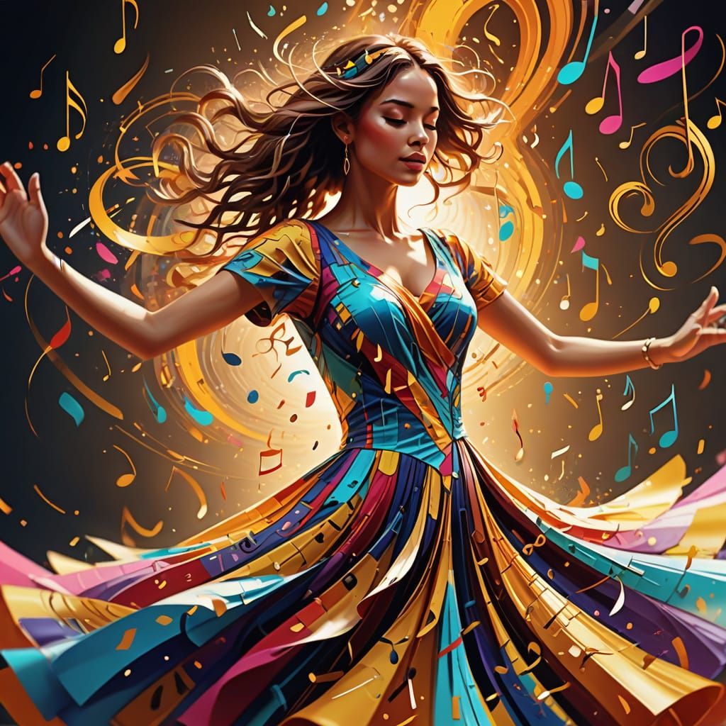 Girl Dancing with Music Notes in Abstract Style