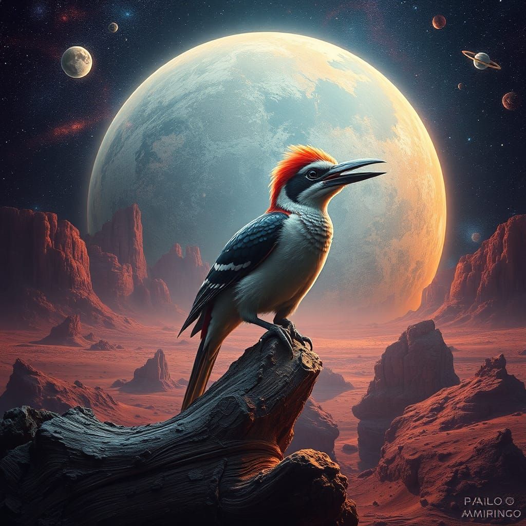 Astral Woodpecker on Mars: Holographic Illustration