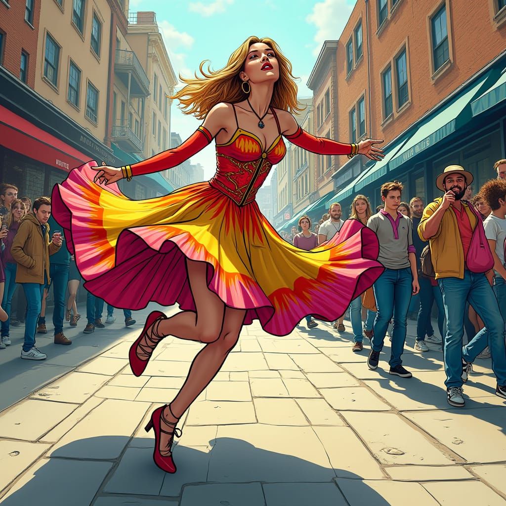 Dynamic Comic Book Dancer in Crowded Street