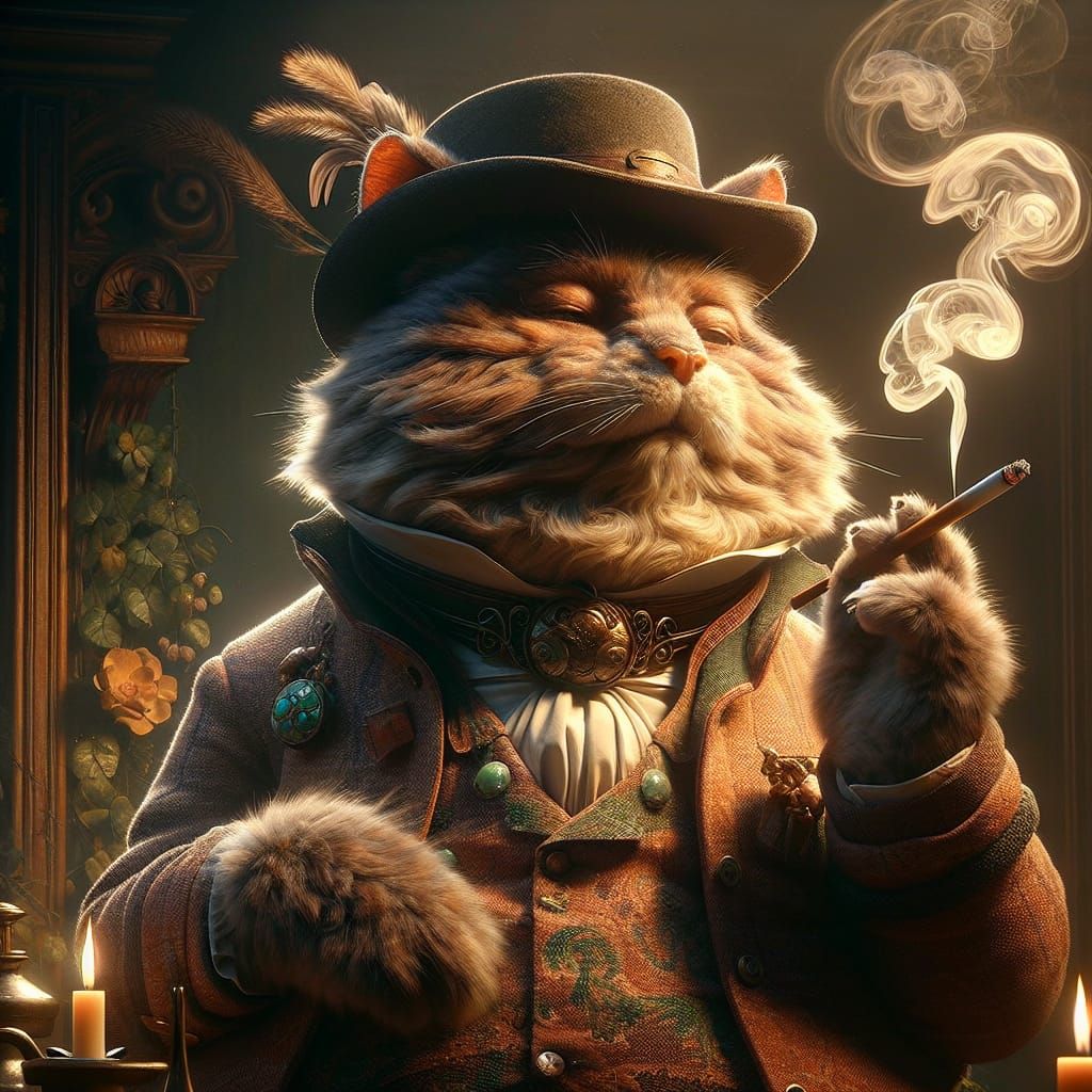 Anthropomorphic Cat Smoking Cigarette in Rustic Attire