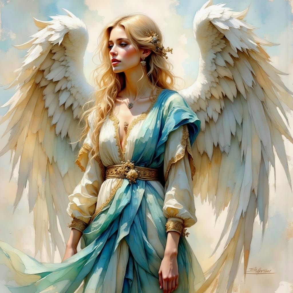 Majestic Angel with Wings in Impasto Style