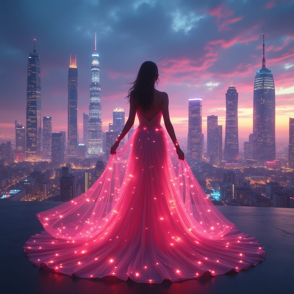 Elegant Woman in Cyberpunk Cityscape