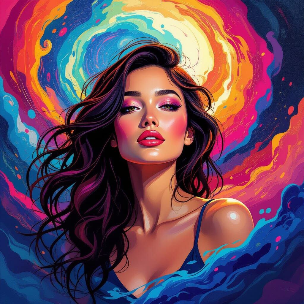 Vibrant Woman Surrounded by Swirling Colors