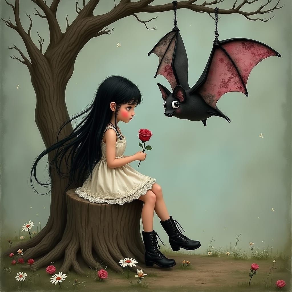 Enchanted Gothic Dream: Girl on Tree Stump with Bat and Bloo...